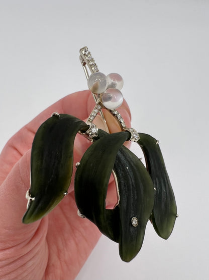 Nephrite Jade, Moonstone, Diamond White Gold Christmas Mistletoe Brooch / Pendant