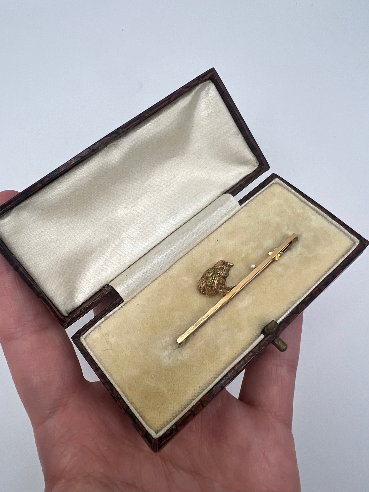 RESERVED Please enquire - Originally Boxed 14ct Gold Easter Chick and Pearl Stick Pin
