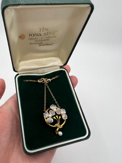 Art Nouveau Pansy Flower Enamel & Pearl Gold Necklace