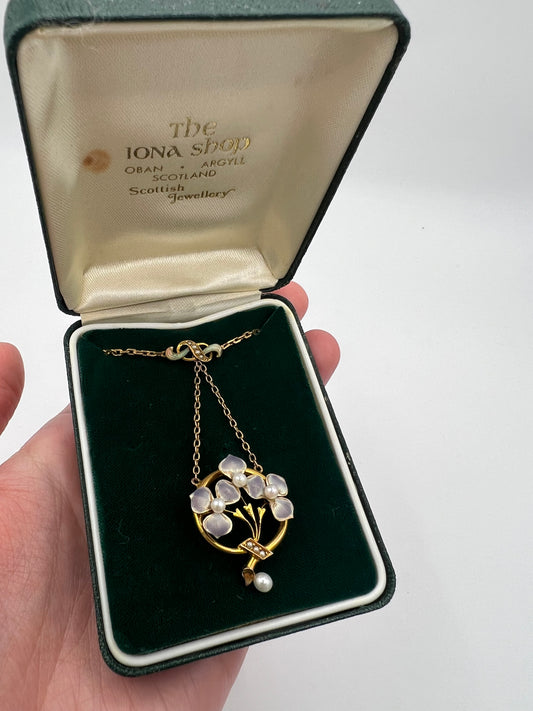 Art Nouveau Pansy Flower Enamel & Pearl Gold Necklace