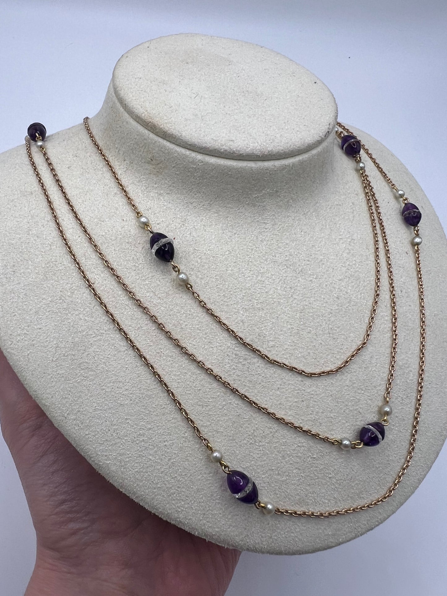 56" Long Art Deco Rose Gold Long Amethyst Pearl Rock Crystal Chain