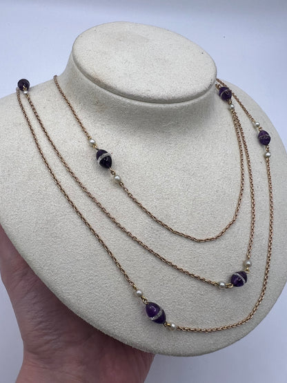 56" Long Art Deco Rose Gold Long Amethyst Pearl Rock Crystal Chain