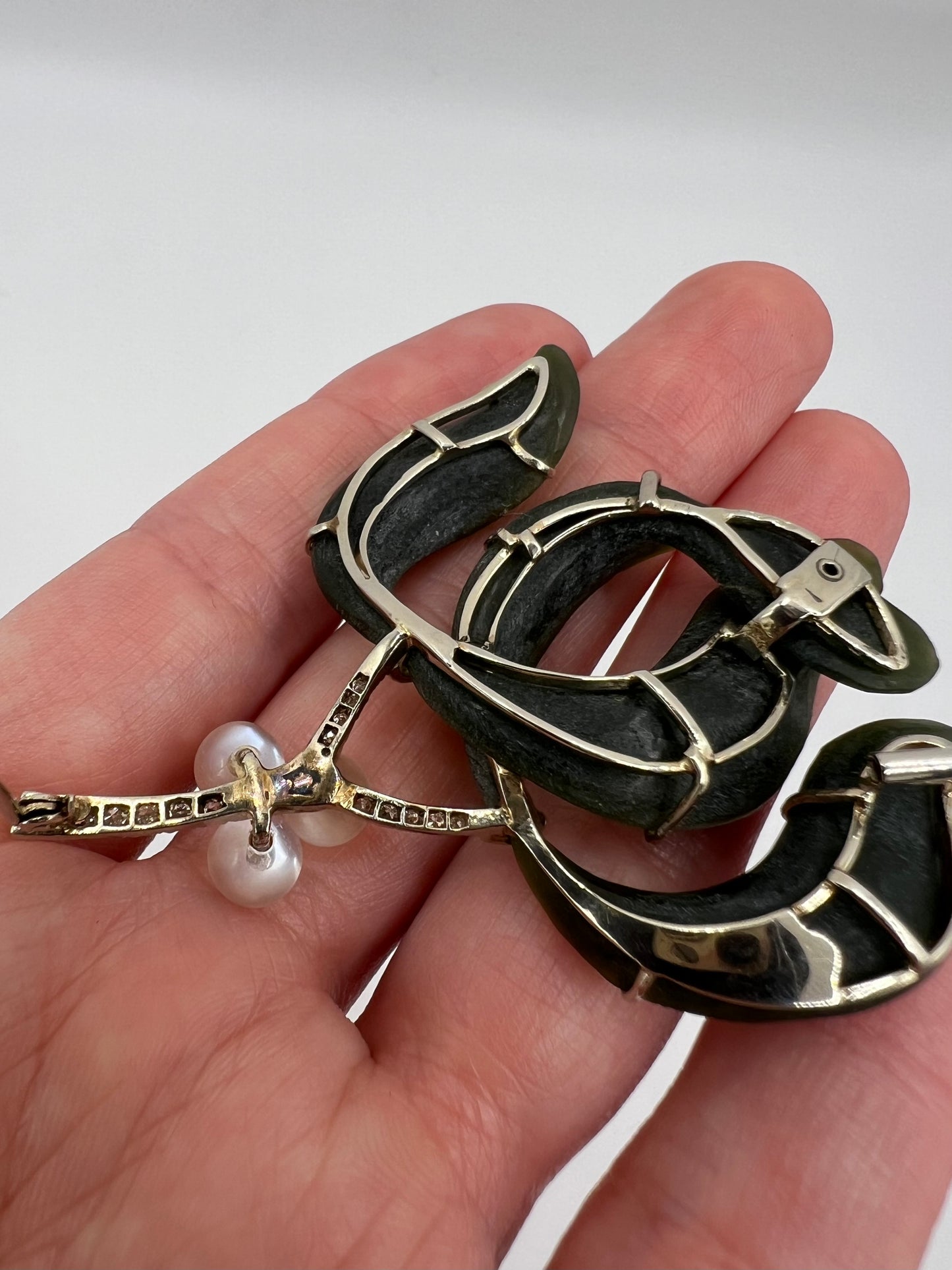 Nephrite Jade, Moonstone, Diamond White Gold Christmas Mistletoe Brooch / Pendant