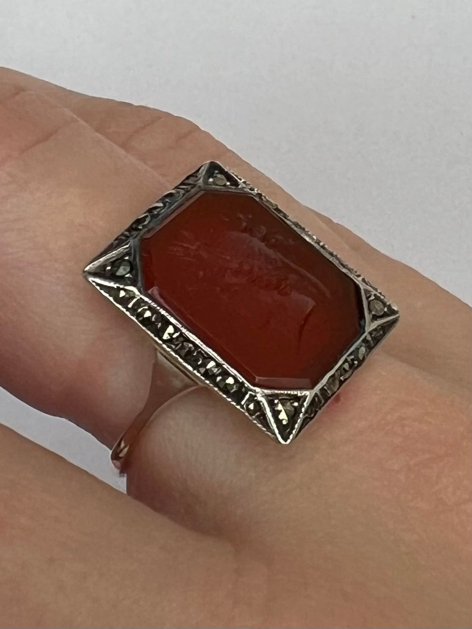Carnelian Intaglio Hardstone Seal Ring in Gold Silver Marcasite