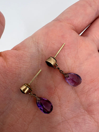 Sweet Edwardian Amethyst Teardrop Pear Cut Gold Drop Earrings