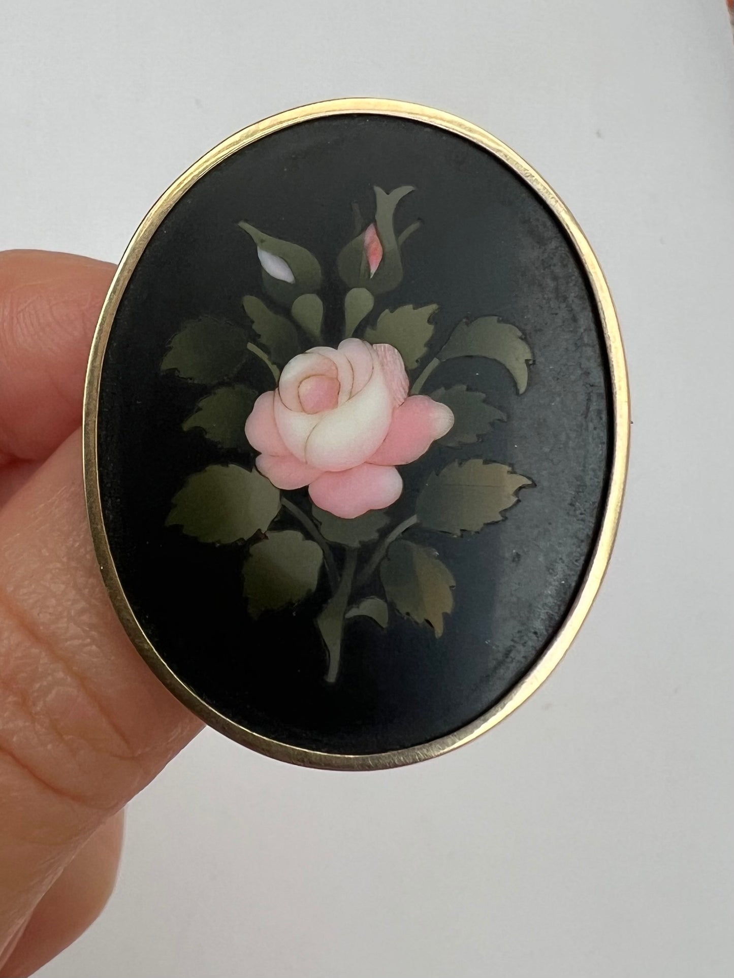 Pietra Dura Rose Oval Gold Flower Brooch