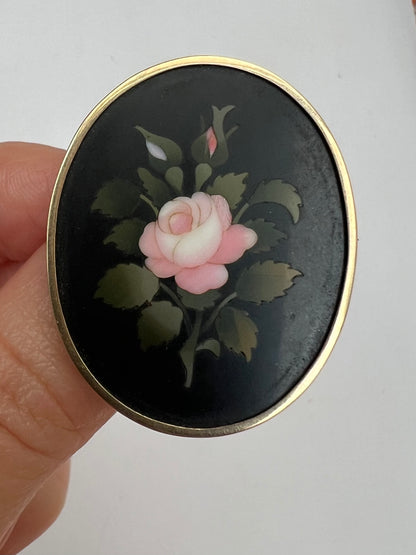 Pietra Dura Rose Oval Gold Flower Brooch