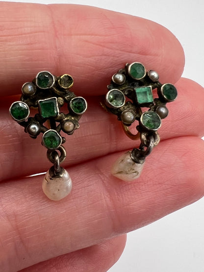 Austro Hungarian Antique Emerald Pearl Gold Silver Screw Back Earrings