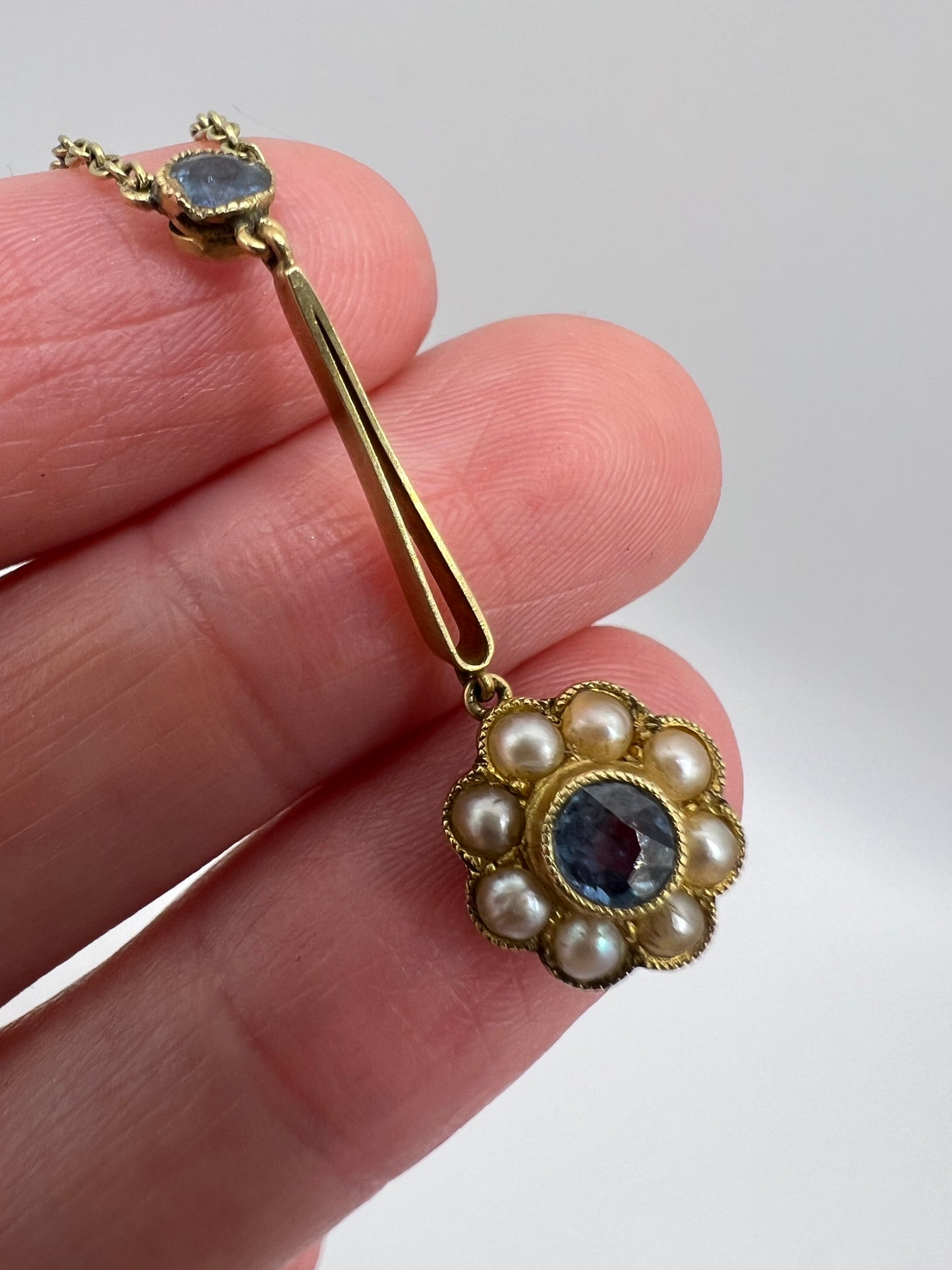Cornflower Blue Sapphire Daisy Pearl Edwardian Pendant 15ct Gold