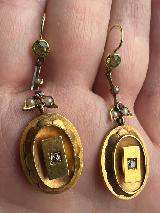 15ct Gold Suffragist Earrings Tourmaline Diamond Pearl Peridot