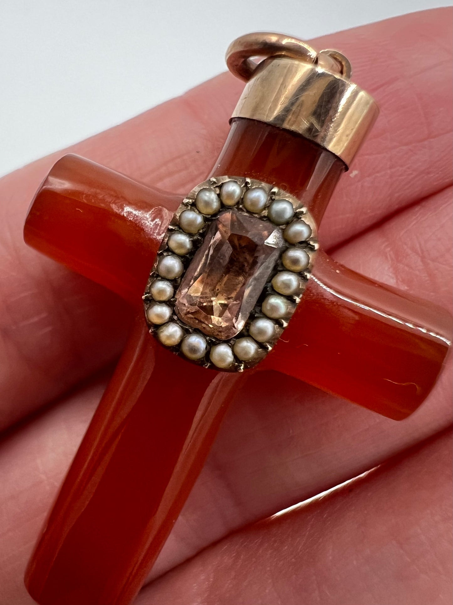 Georgian Reliquary Carnelian Imperial Topaz Gold & Pearl Crucifix
