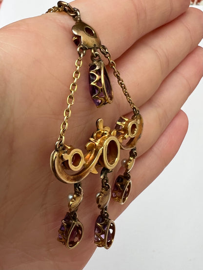 Sentimental Victorian 15ct Gold Amethyst Necklace in Suffragette Colours
