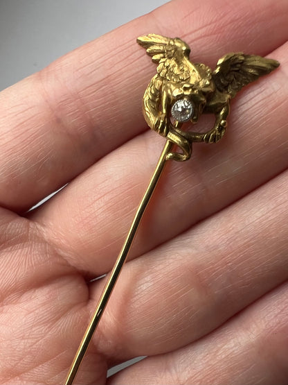 French Art Nouveau Gold Diamond Chimera Dragon Stick Pin 18ct Gold