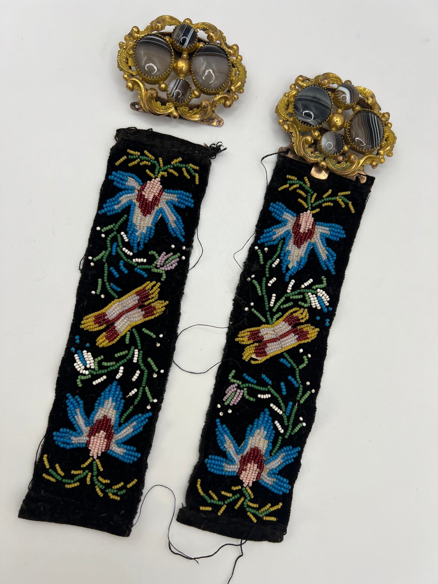 Pair William IV Bracelet Clasps on Later Victorian Embroidered Bracelets