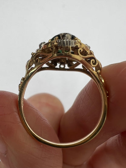 Unusual Arts and Crafts Green Tourmaline Diamond Gold Ring Perhaps American