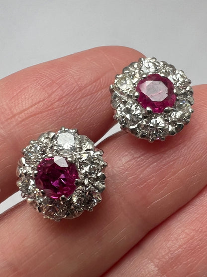 Late Art Deco 1950s Natural Ruby Diamond Daisy Cluster Stud Earrings, Boxed 18ct White Gold