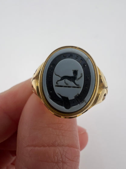 1859 Banded Onyx Black Cat Intaglio Seal Locket Memorial Opening Ring