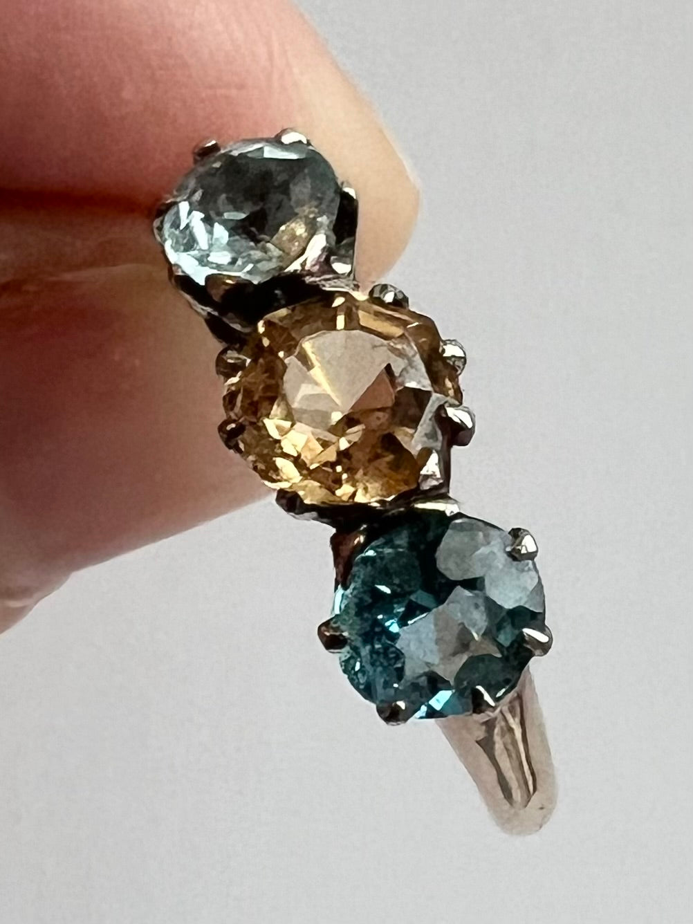 Peach Pink Topaz & Aquamarine 3 Stone Harlequin Pastel Colour Ring in 18ct Gold