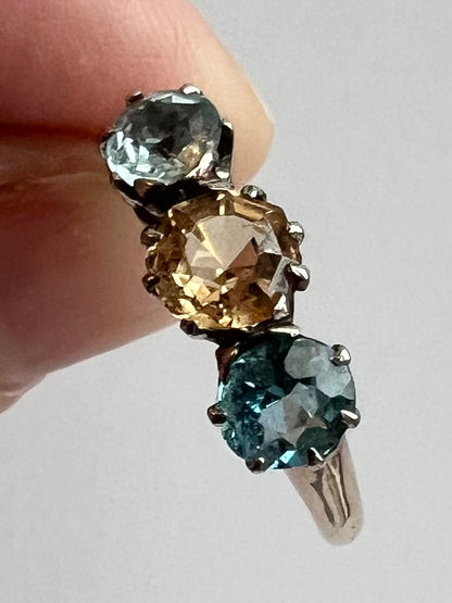 Peach Pink Topaz & Aquamarine 3 Stone Harlequin Pastel Colour Ring in 18ct Gold