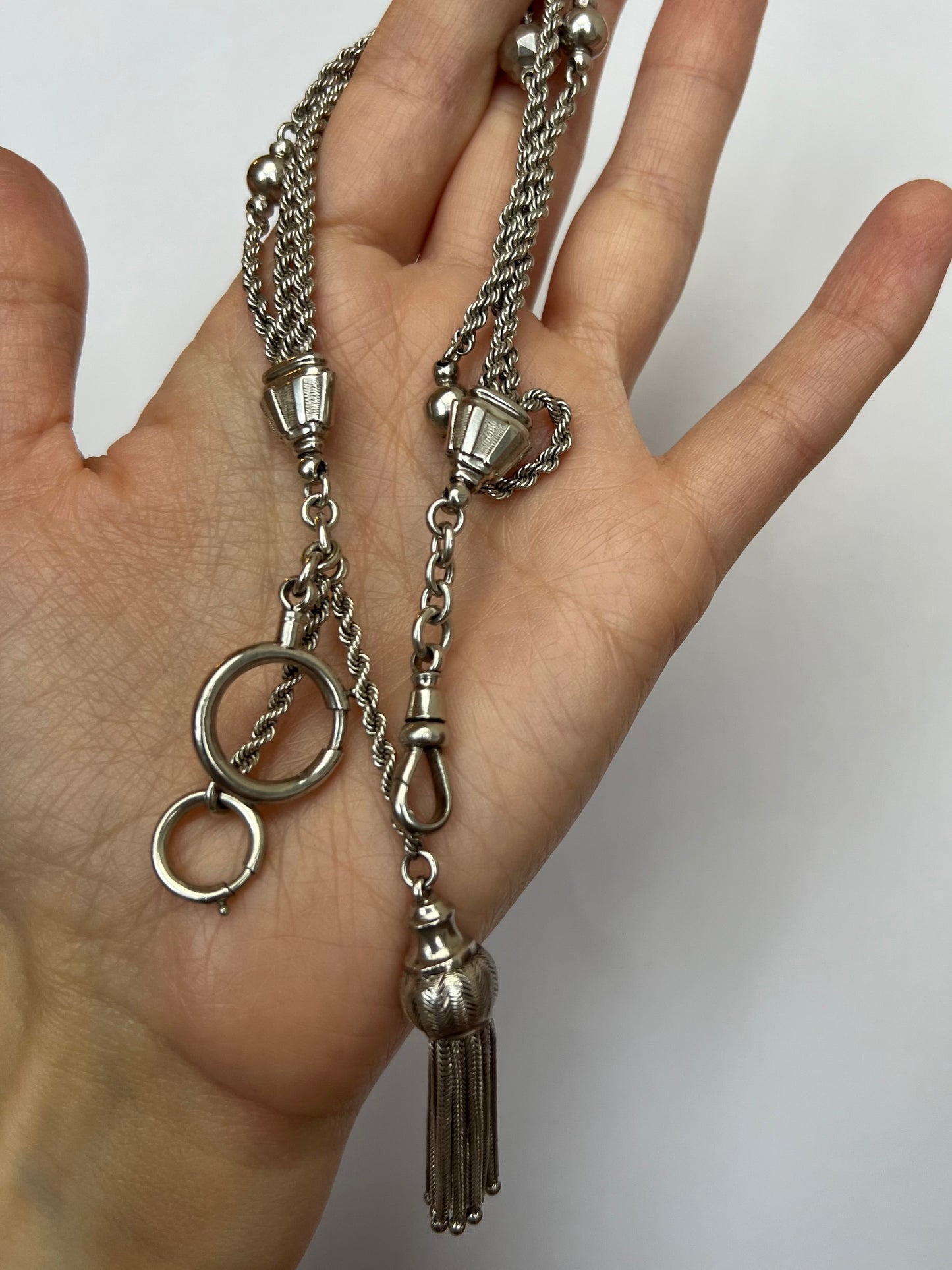 Silver Albertina Bracelet Or Necklace Section With Tassel Fobs Dog Clip etc