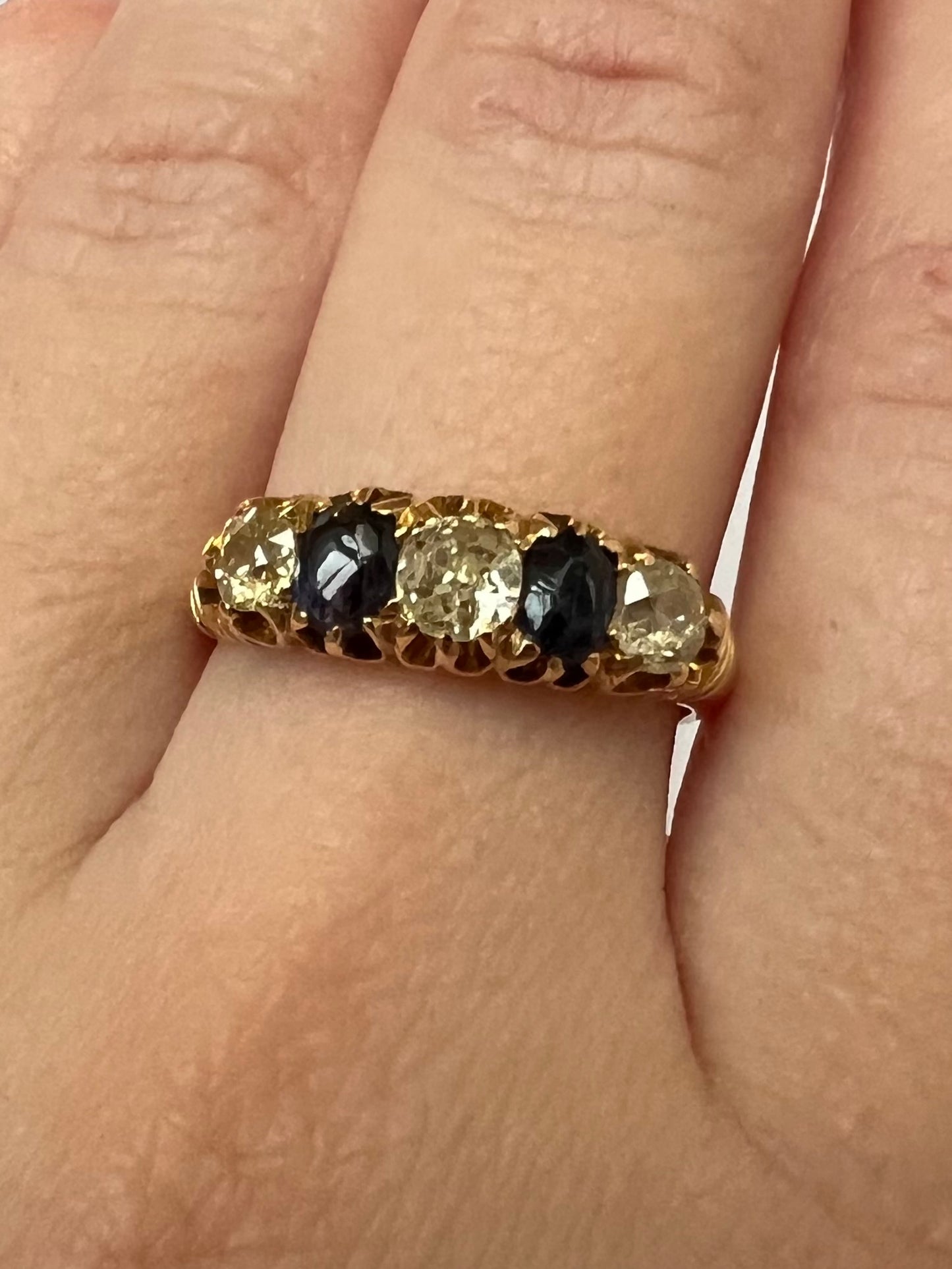 Victorian 18ct Gold Sapphire Old Cut Diamond 5 Stone Ring