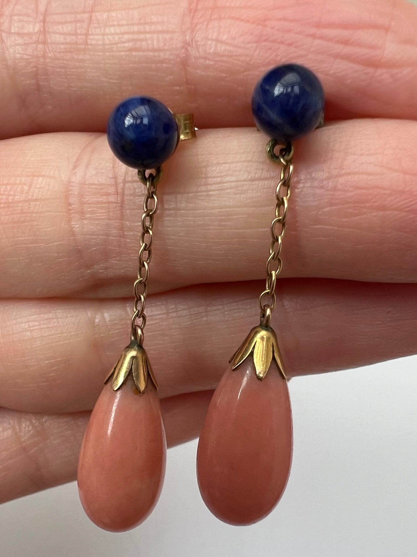 Very Elegant Angel Skin Pink Coral Lapis Lazuli Gold Drop Earrings