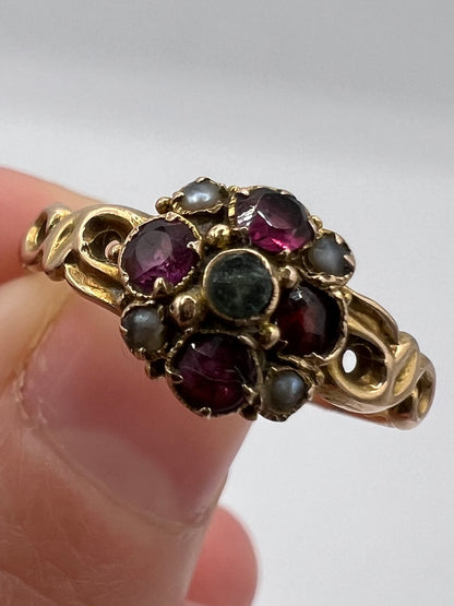 1864 Victorian 15ct Gold Almandine Garnet Emerald Pearl Ring