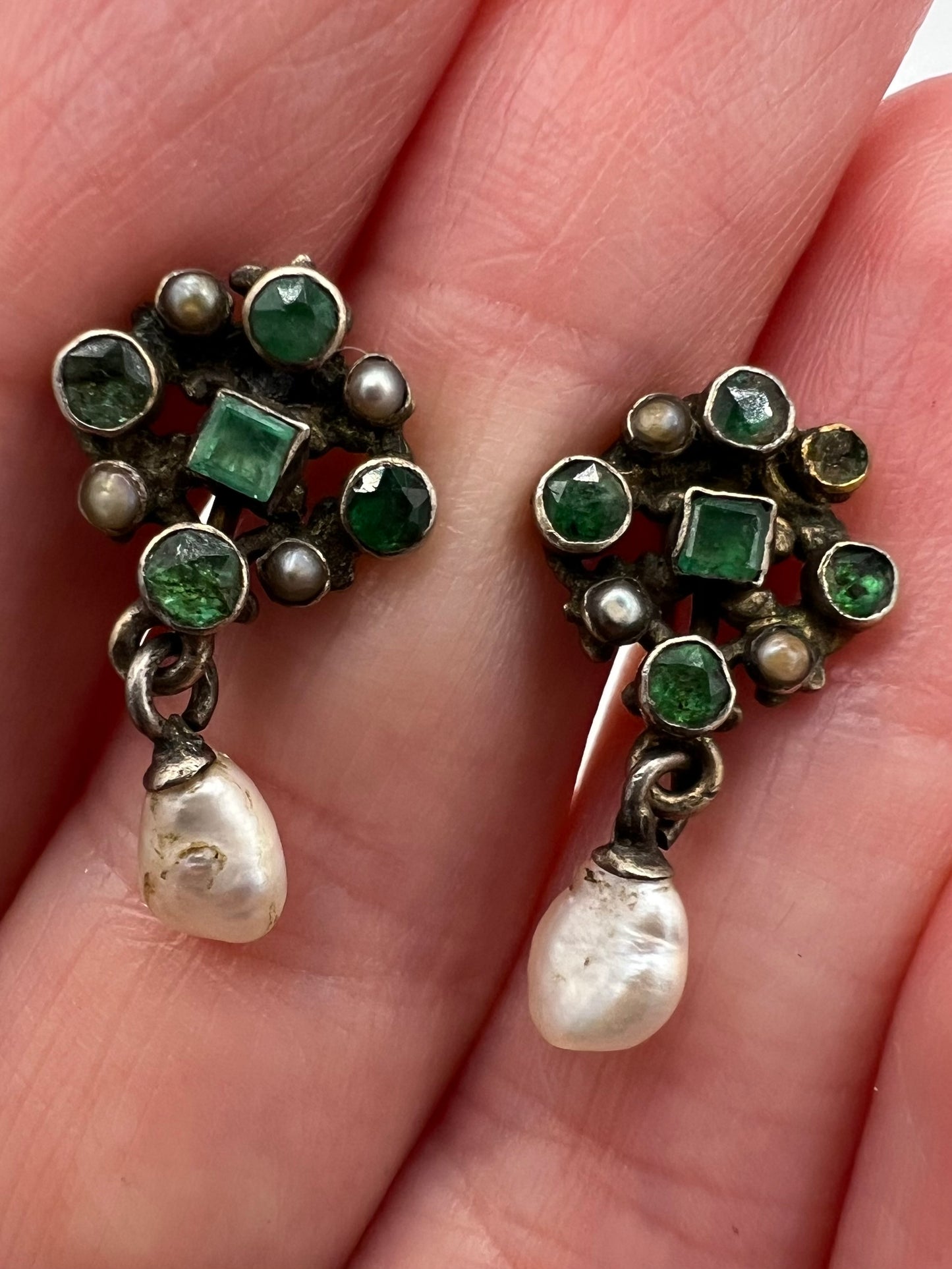Austro Hungarian Antique Emerald Pearl Gold Silver Screw Back Earrings