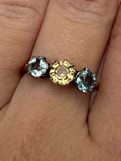 Peach Pink Topaz & Aquamarine 3 Stone Harlequin Pastel Colour Ring in 18ct Gold