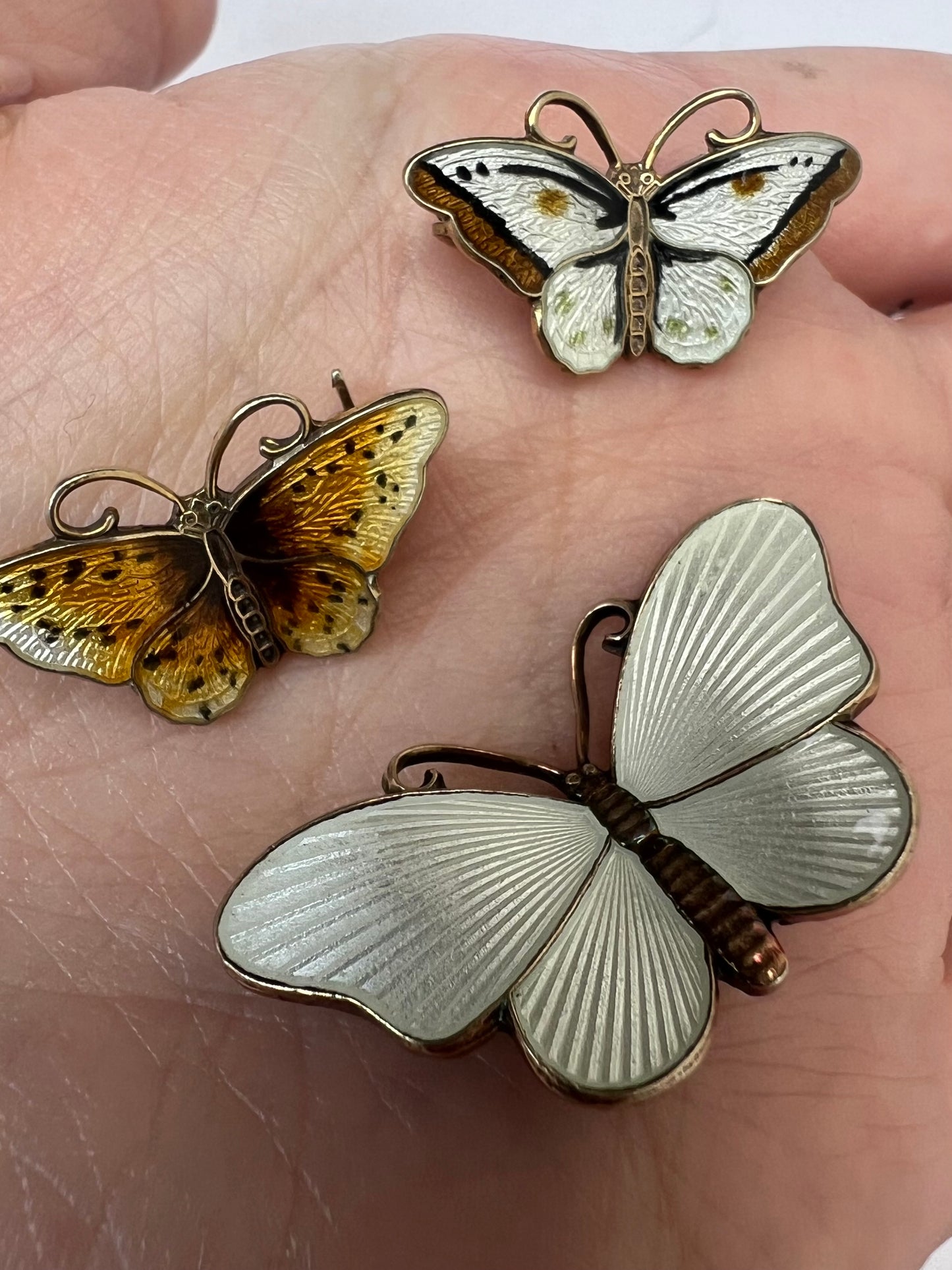 Three Norwegian Silver Enamel Butterfly Brooch Pins