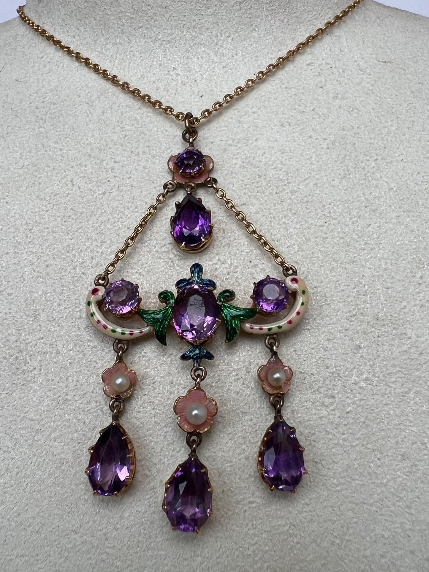 Sentimental Victorian 15ct Gold Amethyst Necklace in Suffragette Colours