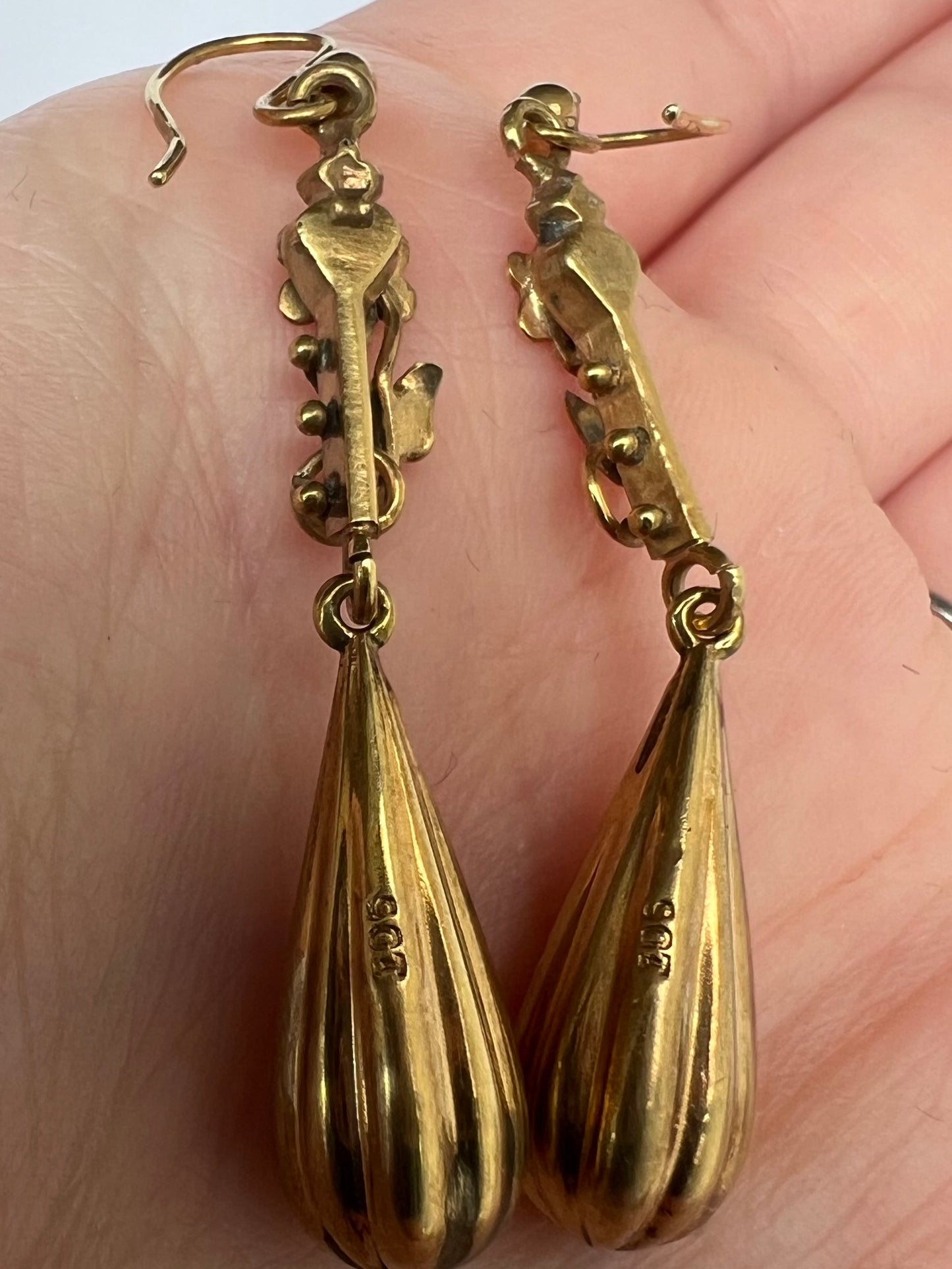 Victorian Torpedo and Flower Gold Drop Dangly Earrings