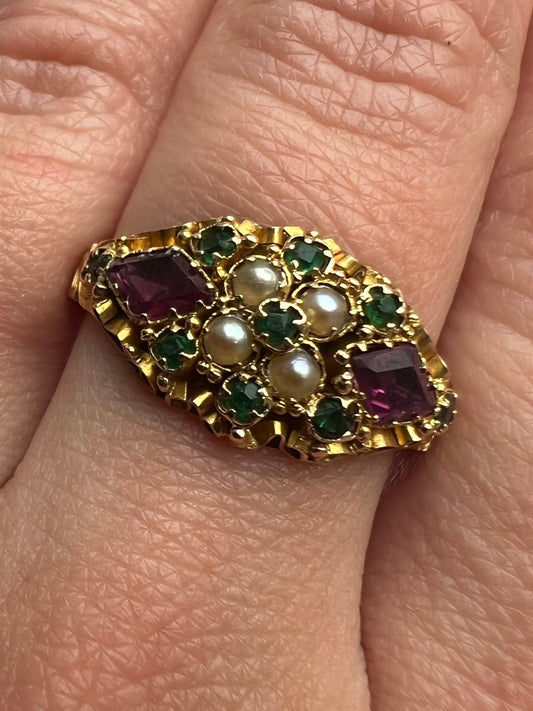 Antique 15ct Gold Pink Green Garnet Pearl Engraved Ring
