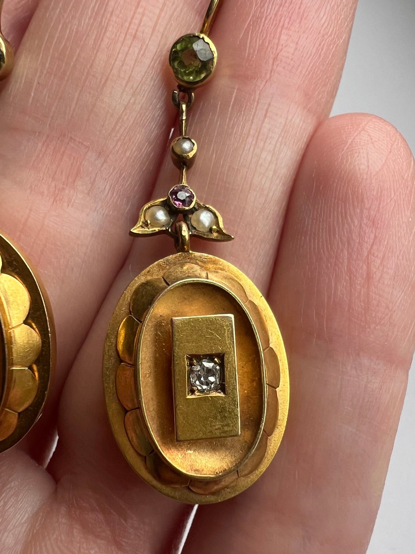 15ct Gold Suffragist Earrings Tourmaline Diamond Pearl Peridot