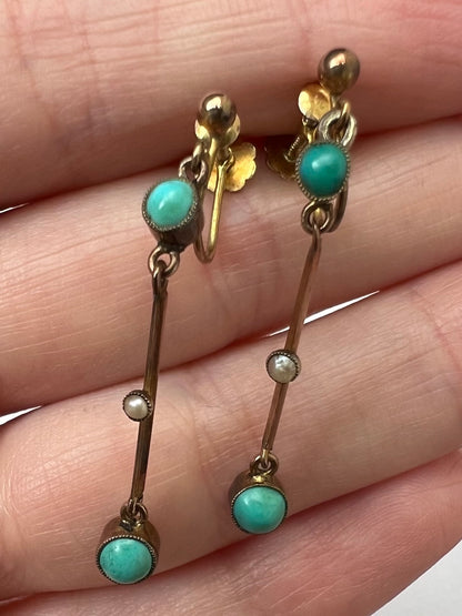 Edwardian Turquoise Pearl Knife Edge Set Screw-back Earrings