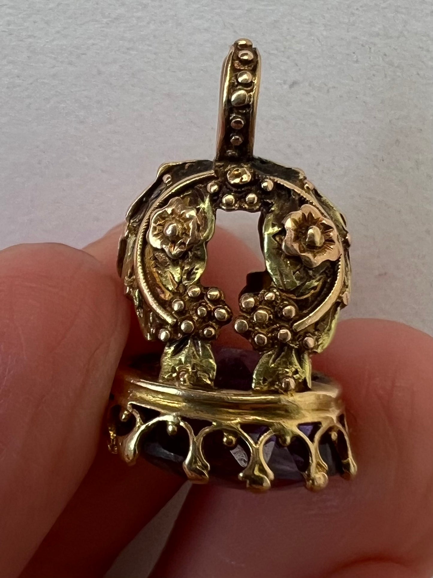 Early Victorian Small Amethyst Rose and Yellow Gold Watch Fob Pendant