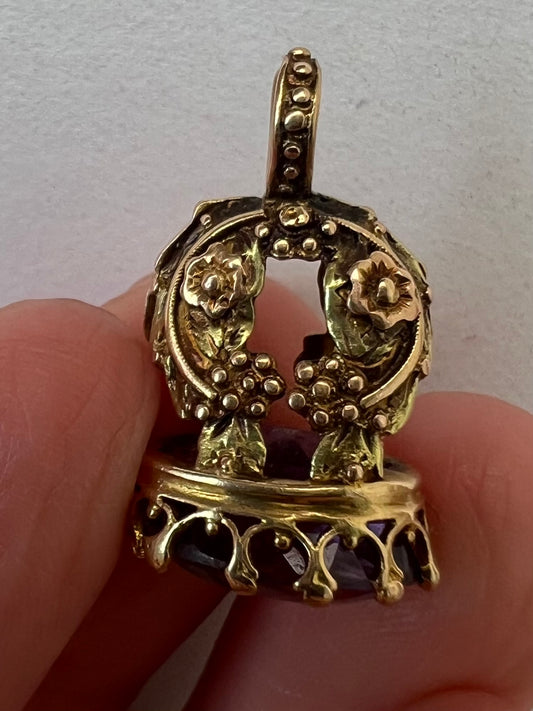 Early Victorian Small Amethyst Rose and Yellow Gold Watch Fob Pendant