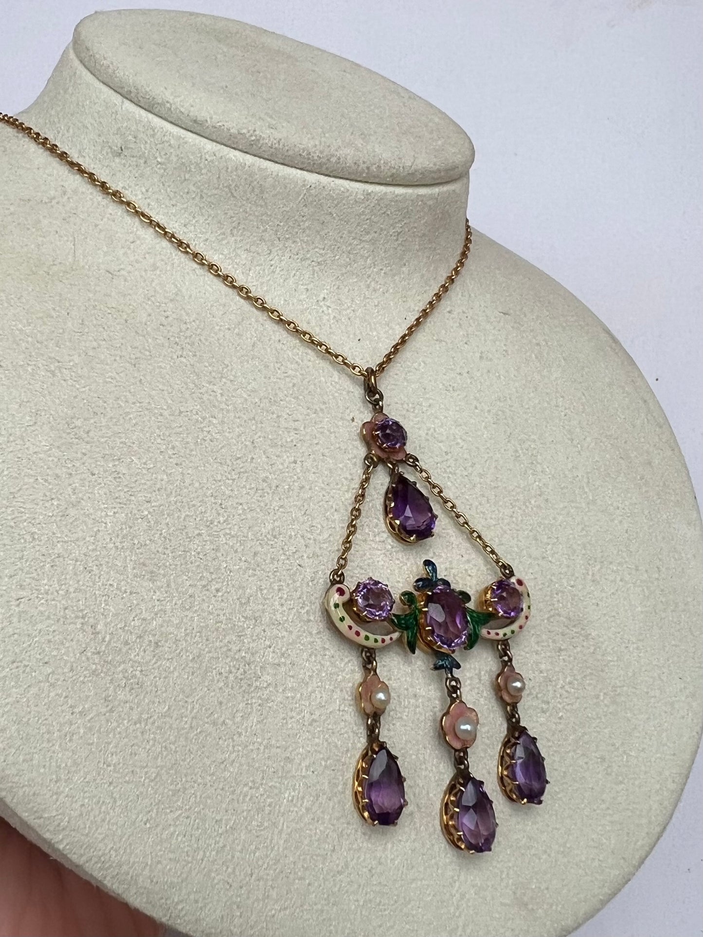 Sentimental Victorian 15ct Gold Amethyst Necklace in Suffragette Colours