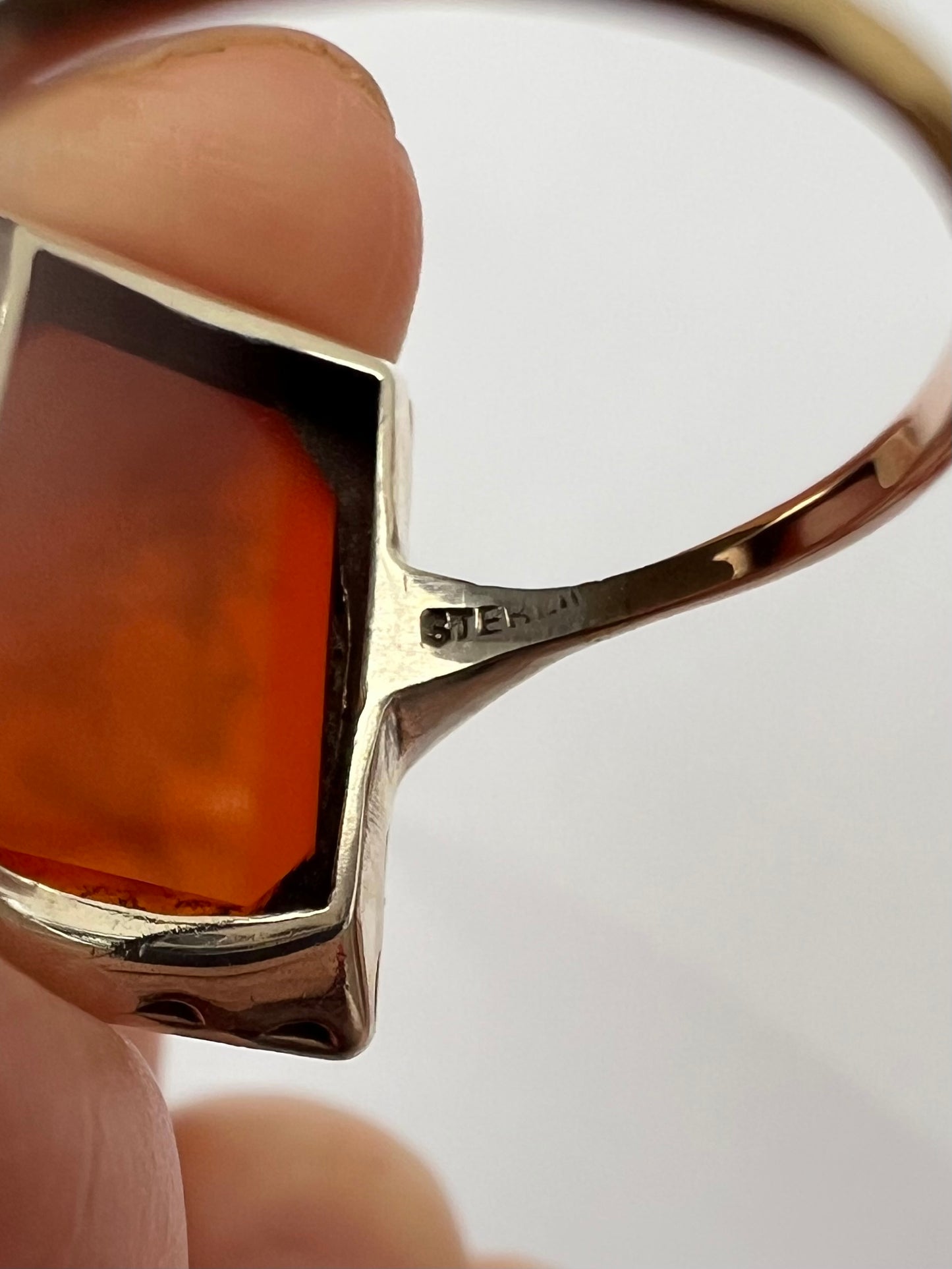 Carnelian Intaglio Hardstone Seal Ring in Gold Silver Marcasite