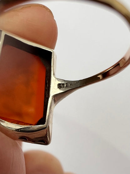 Carnelian Intaglio Hardstone Seal Ring in Gold Silver Marcasite