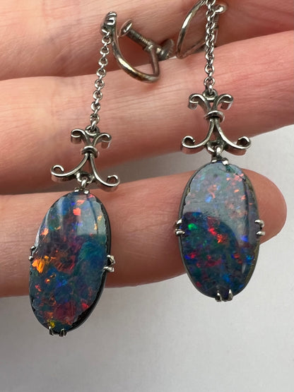 Elegant Early 20th Century Black Opal White Gold Drop Earrings