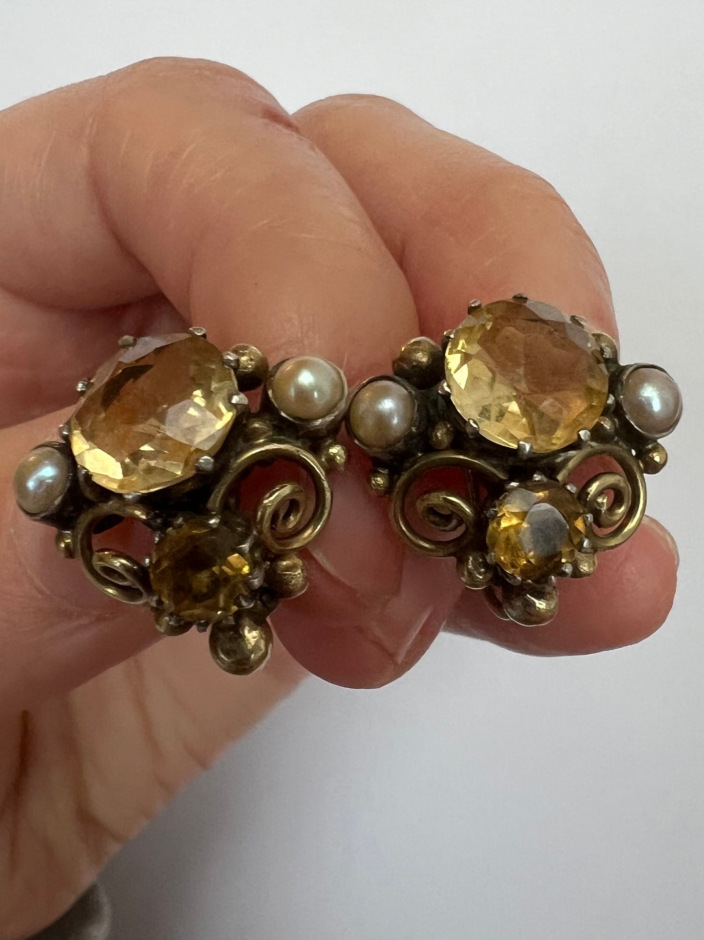Dorrie Nossiter Citrine Pearl Arts & Crafs Screw Back Earrings