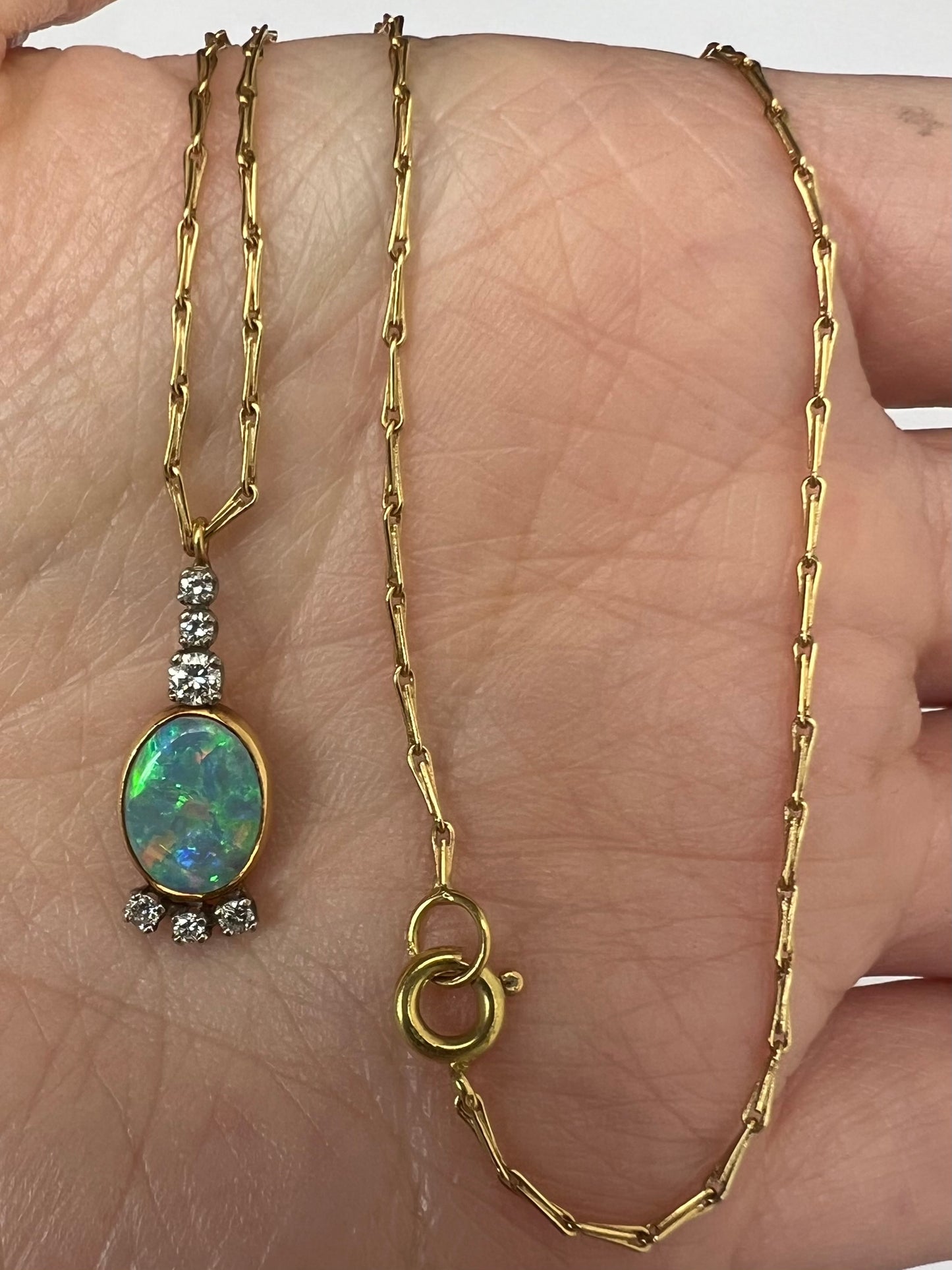 Australian Opal Diamond Pendant and Chain in 18ct Gold