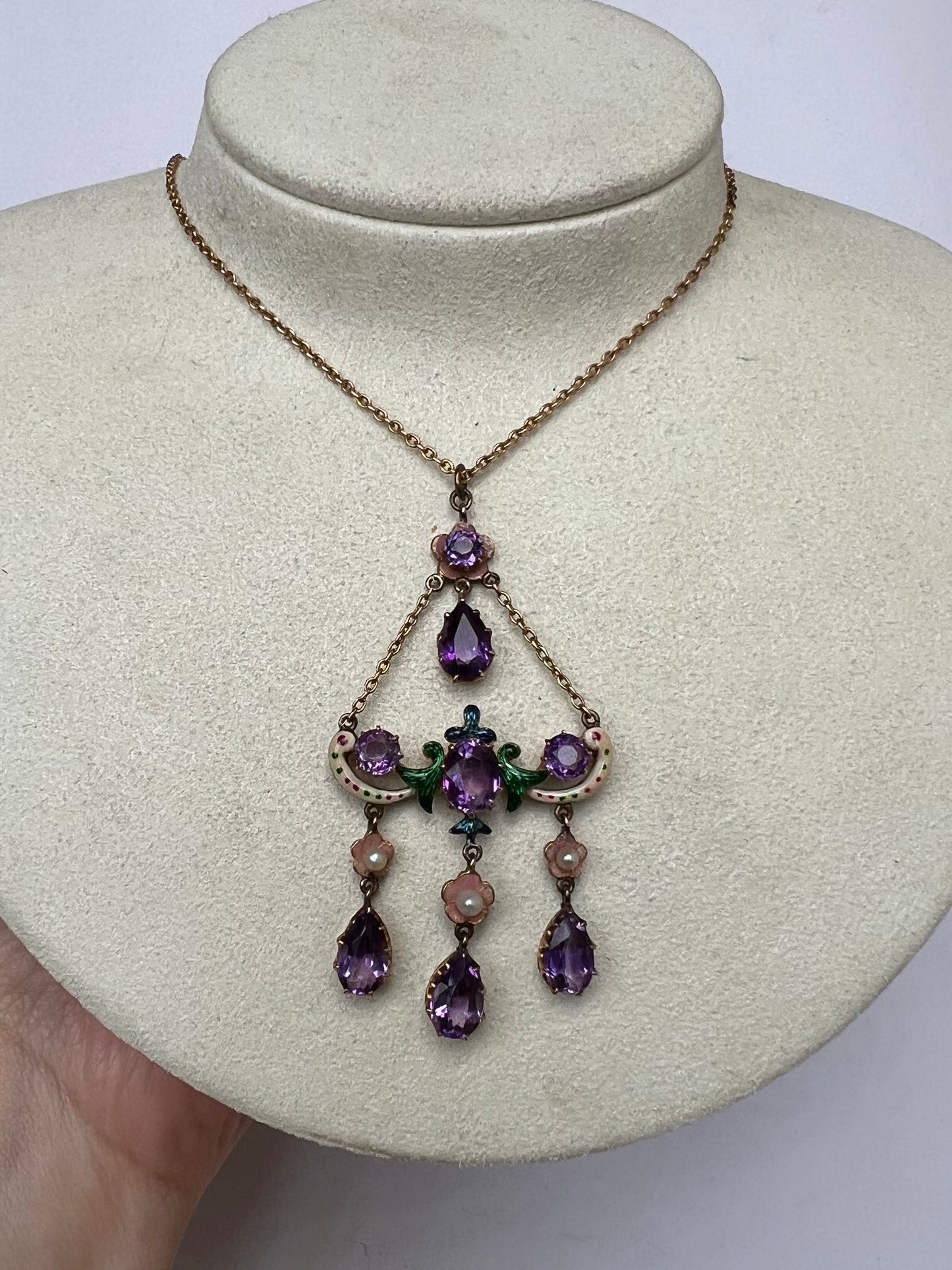Sentimental Victorian 15ct Gold Amethyst Necklace in Suffragette Colours