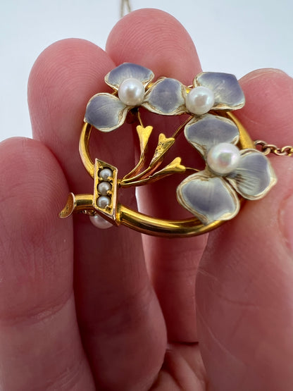 Art Nouveau Pansy Flower Enamel & Pearl Gold Necklace