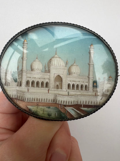Indian Very Large Hand Painted Taj Mahal Silver Gilt Brooch