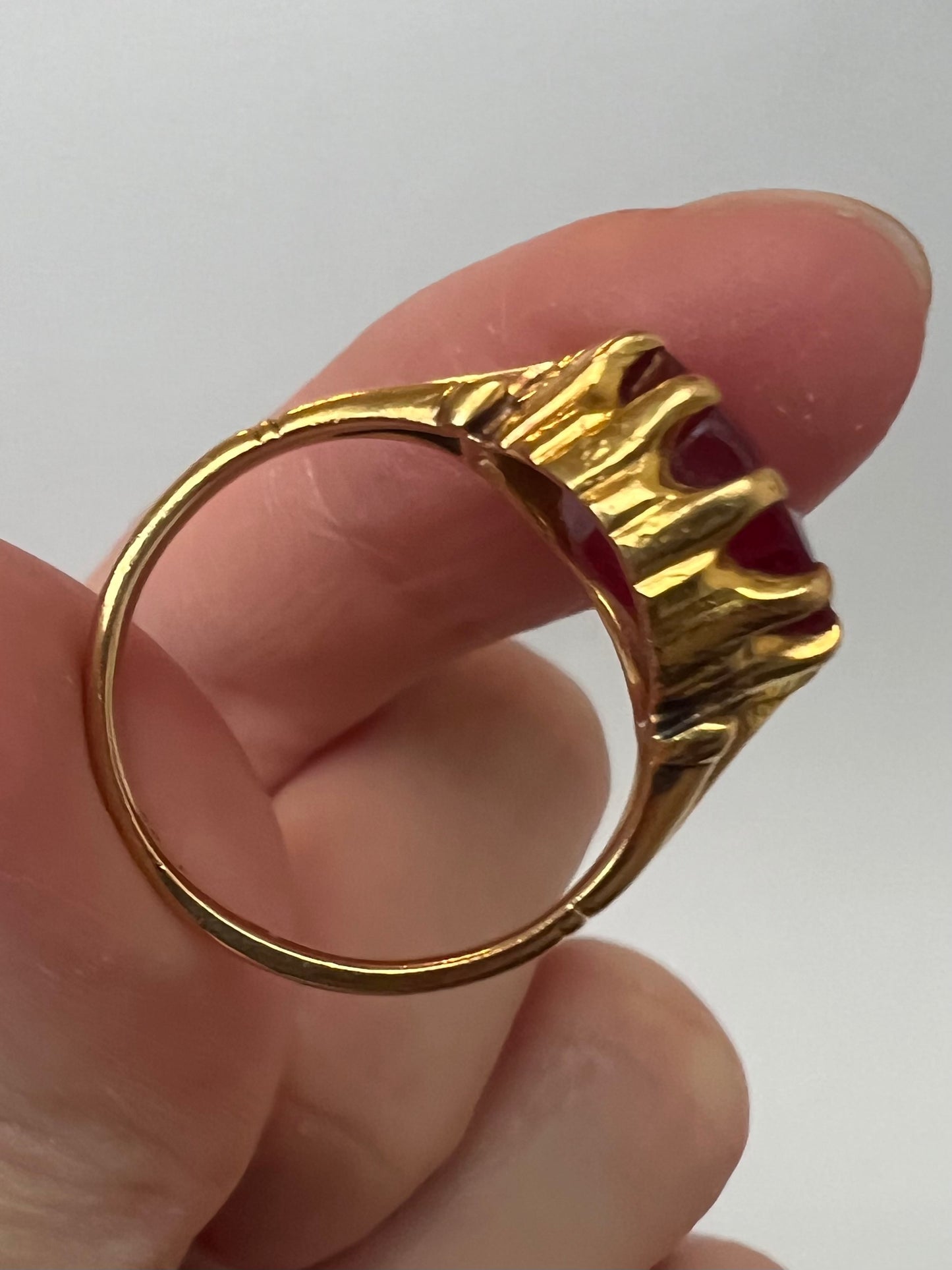 22ct Gold Large Created Ruby Hand Faceted Gents Pinky Ring