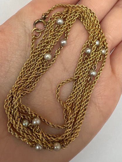 Very Long 54.7" 15ct Gold Muff Chain With Pearls