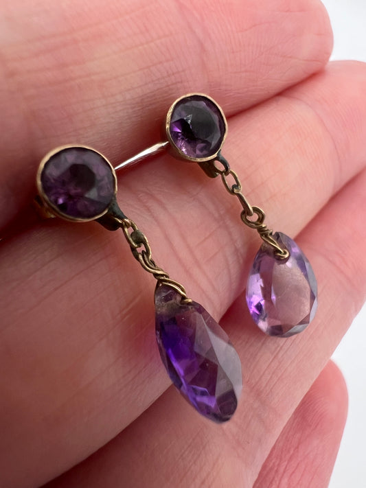 Sweet Edwardian Amethyst Teardrop Pear Cut Gold Drop Earrings