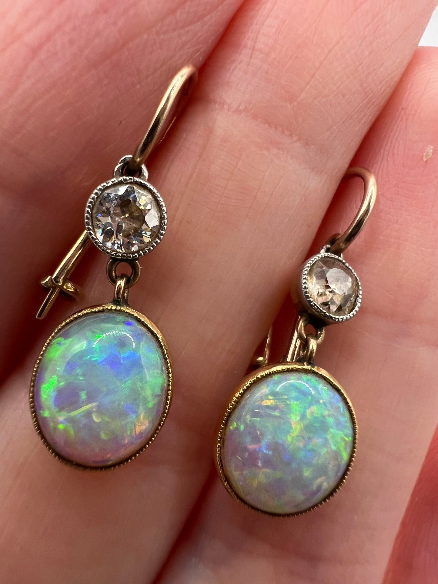 Stunning Antique Opal And Old Cut Diamond Earrings
